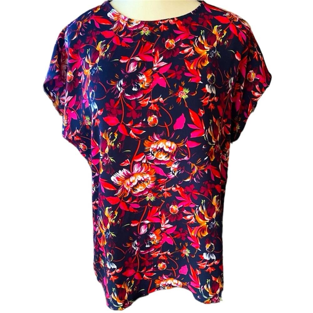 NWT Halogen Red Black Floral Cap Sleeve Tunic Keyhole button back Sz Sm